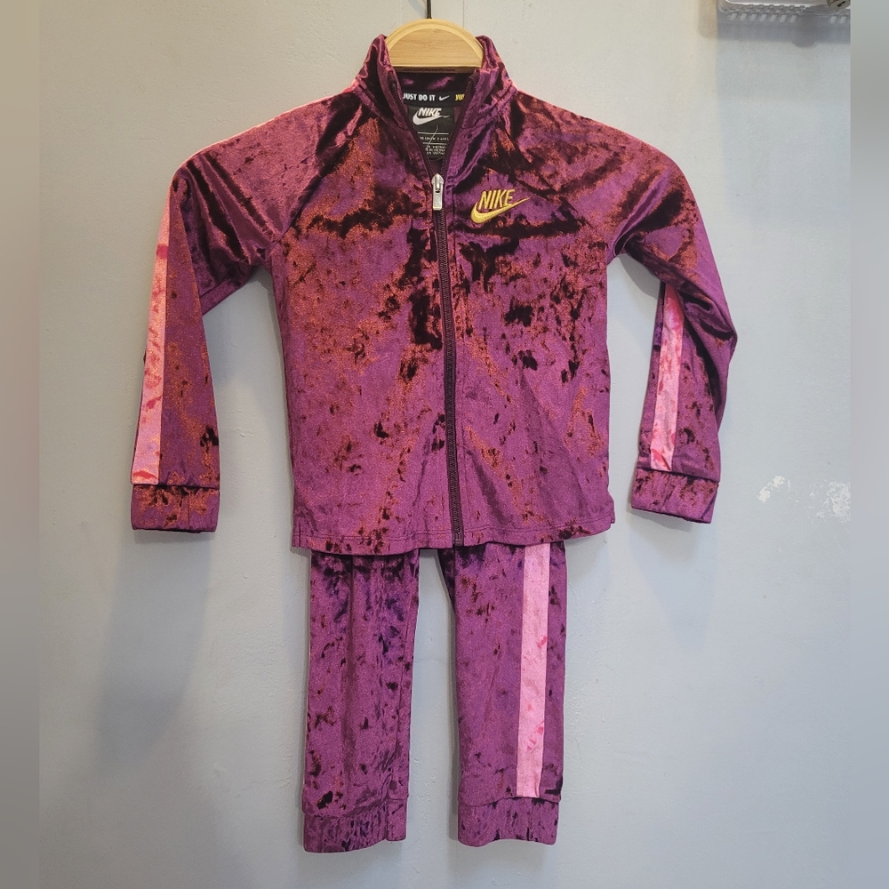 Nike Kids Girls Crushed Velour Track Jacket & Pants Maroon Pink Children Size 4T